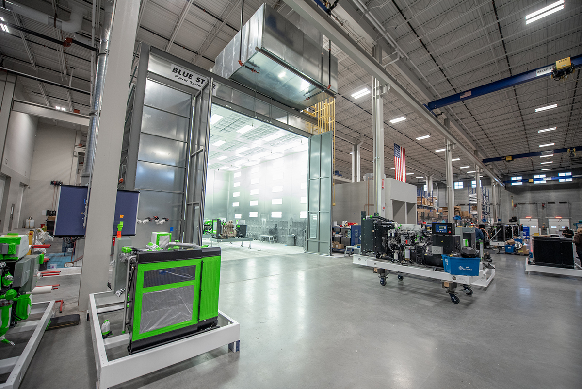 Blue Star Power Systems, Inc. Manufacturing facility including custom paint booth and assembly line. Proud to be American Owned and American made.